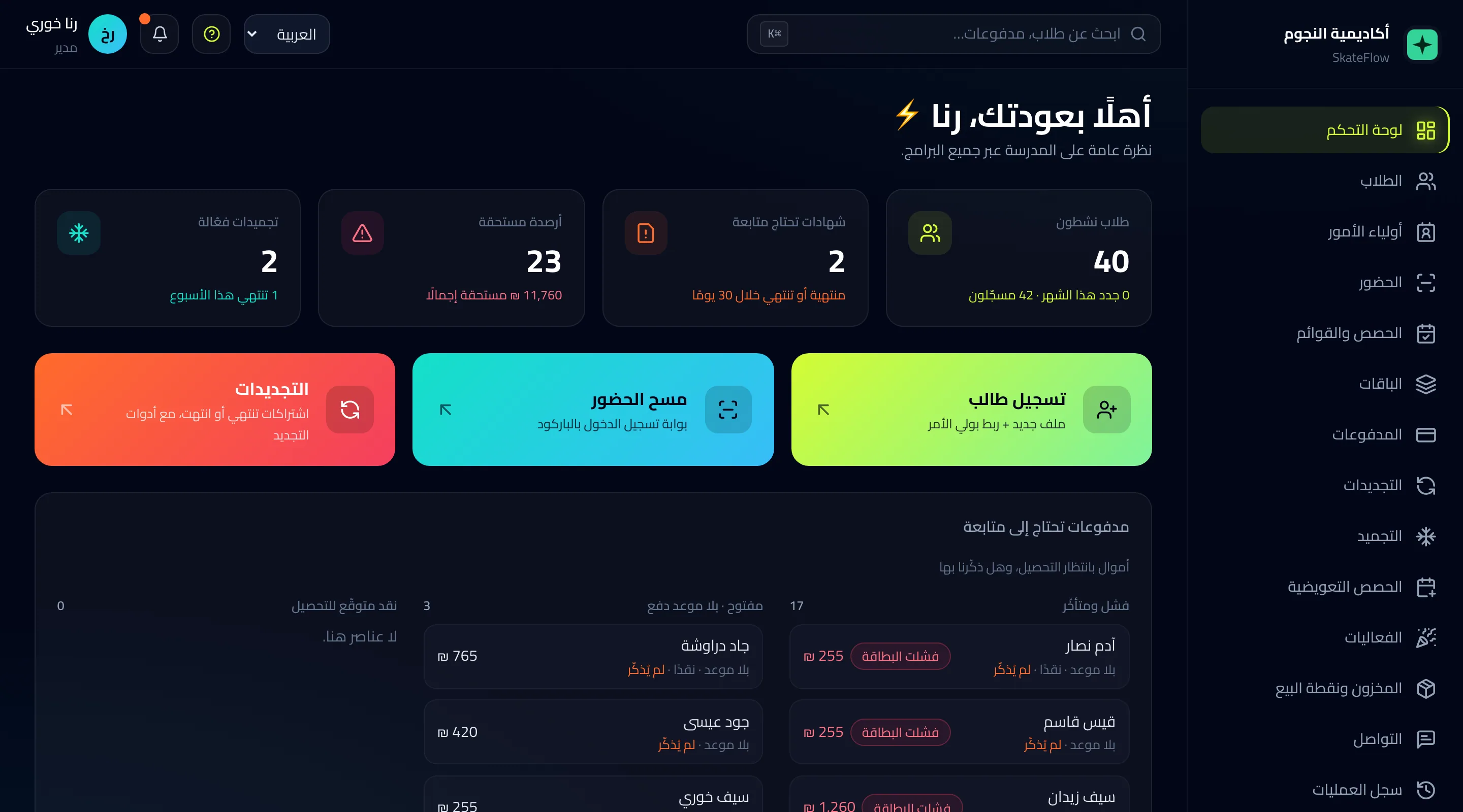 لوحة SkateFlow: الطلاب النشطون، الأرصدة المستحقة، والدفعات التي تحتاج متابعة
