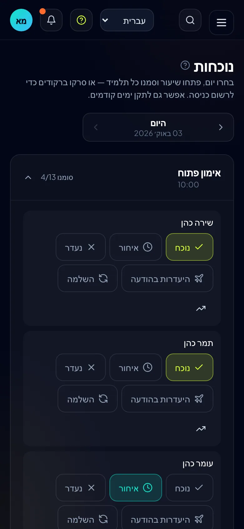יומן הנוכחות של היום בטלפון, חצי מהקבוצה כבר סומנה