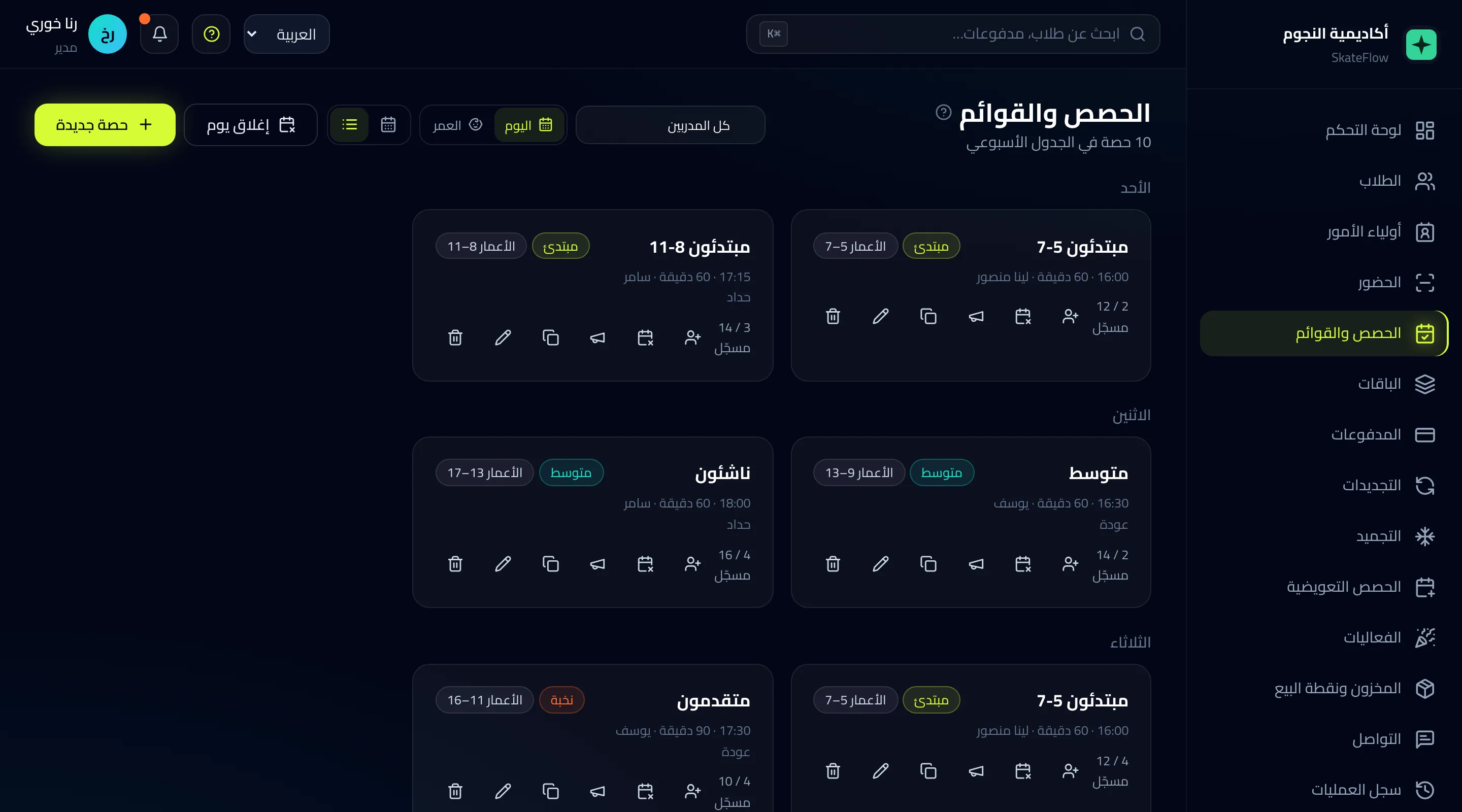 الجدول الأسبوعي للحصص، مع عدد المسجلين مقابل السعة في كل حصة