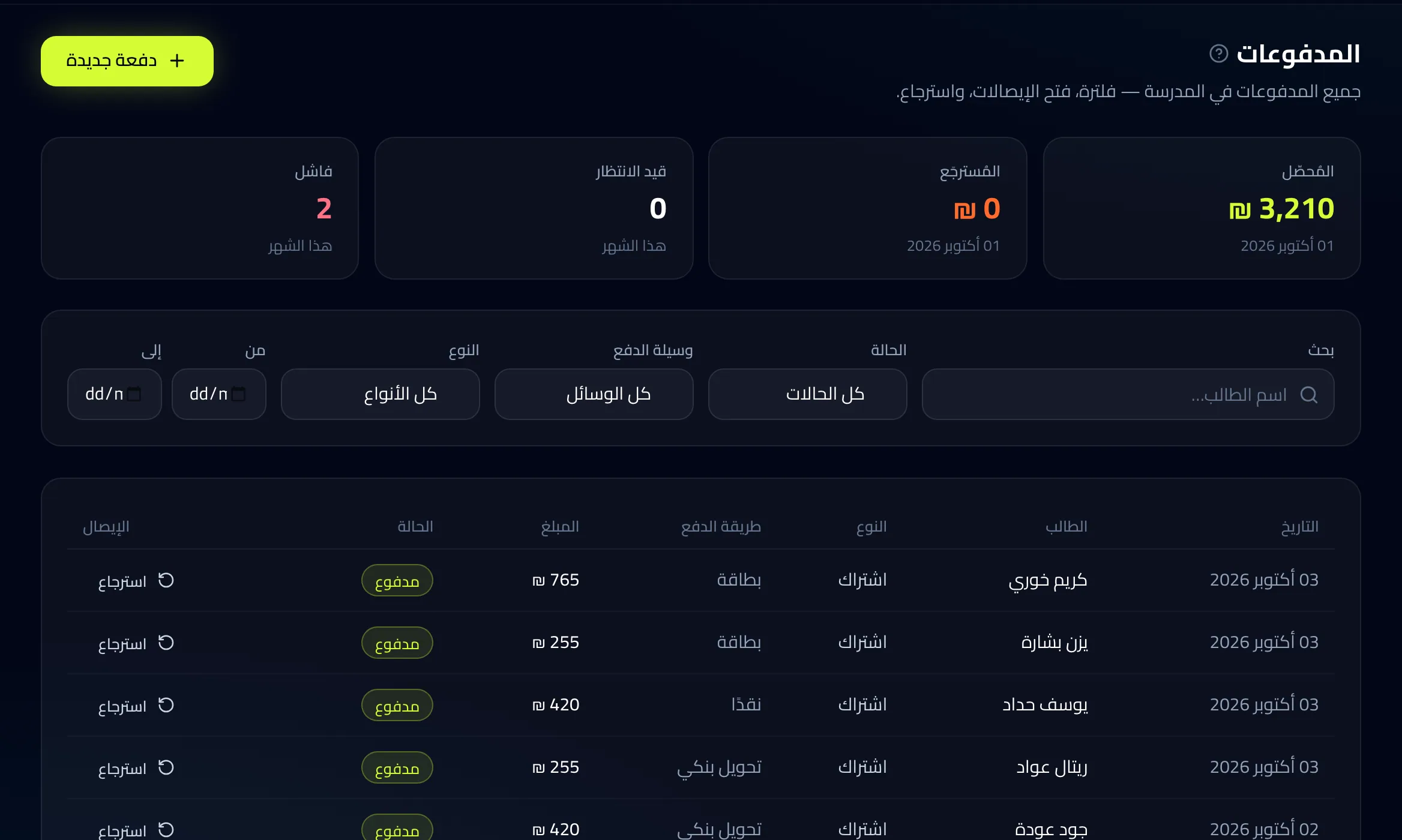سجل الدفعات مع مجاميع المحصّل والمعلّق والفاشل