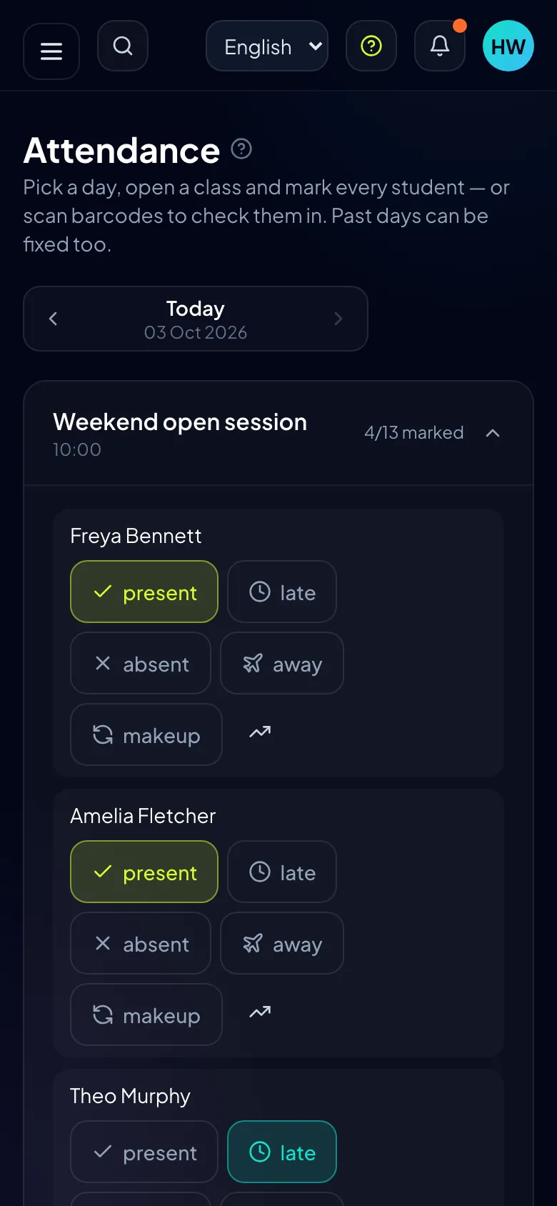 Today’s register on a phone, half the class already checked in
